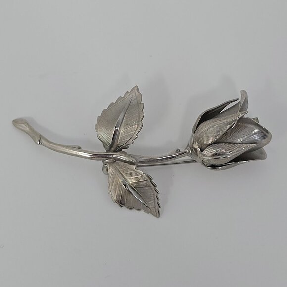 Vintage Rose Brooch Silver Tone Floral Statement Pin 1980s Costume Jewelry - Picture 9 of 15